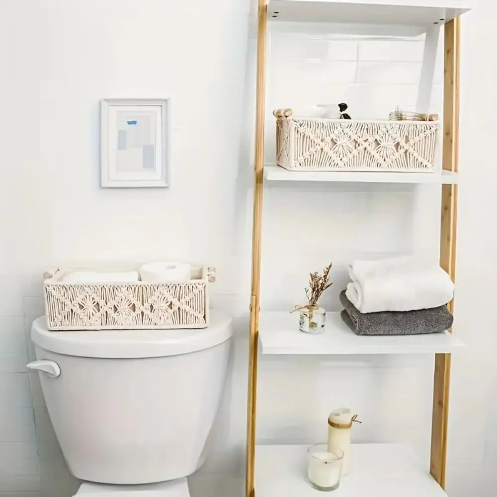 panier macramé boho motifs géométriques poignées bois beige clair rangement décoratifintérieur