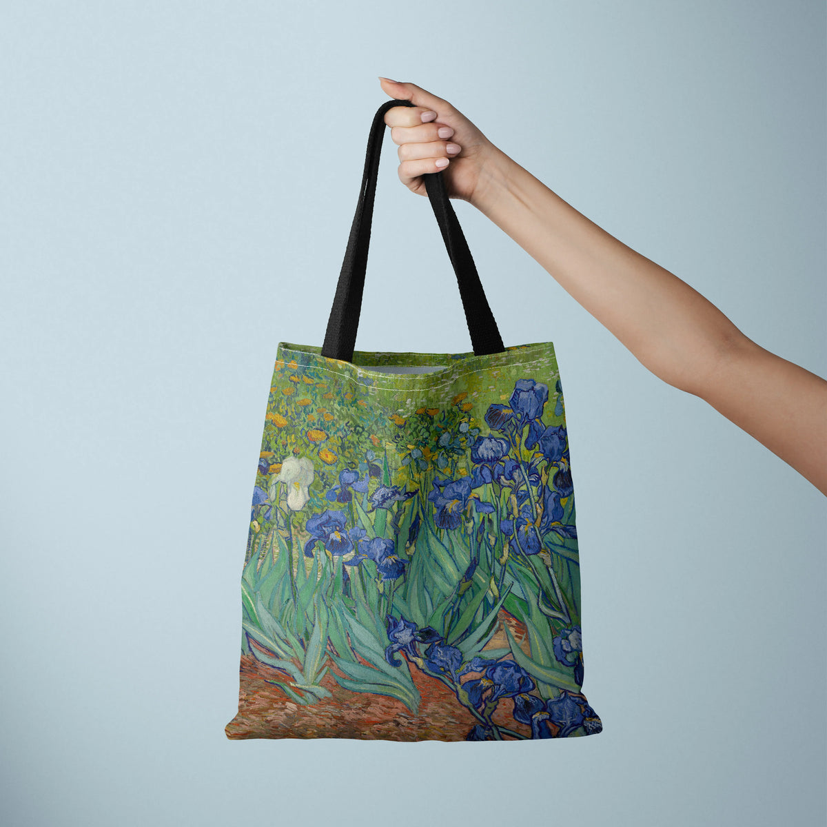 sac main polyester fleurs iris paysage moderne vert bleu beige noir poignées