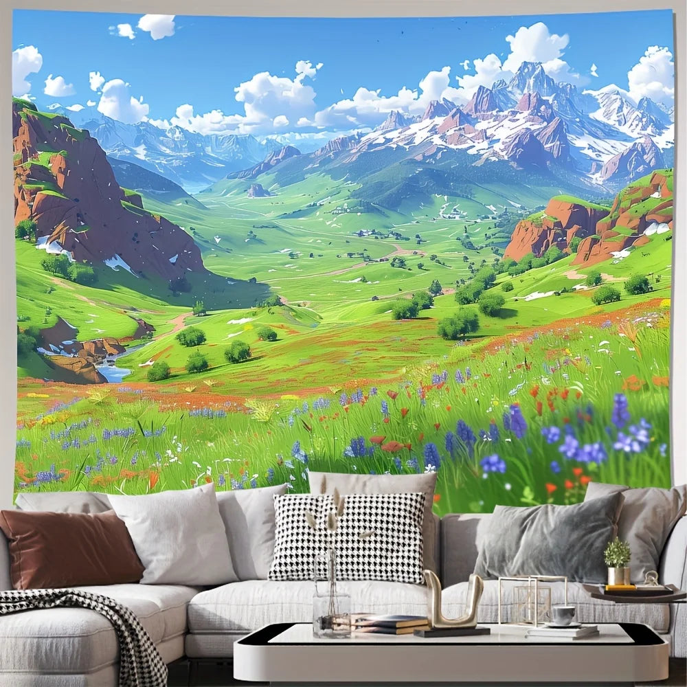 tapisserie paysage montagneux impression numérique polyester décoration murale chambre salon moderne vert bleu blanc