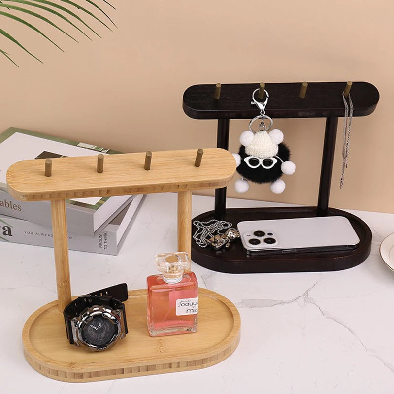 support rangement bois naturel moderne bijoux porte clés montre parfum minimaliste clips métalliques