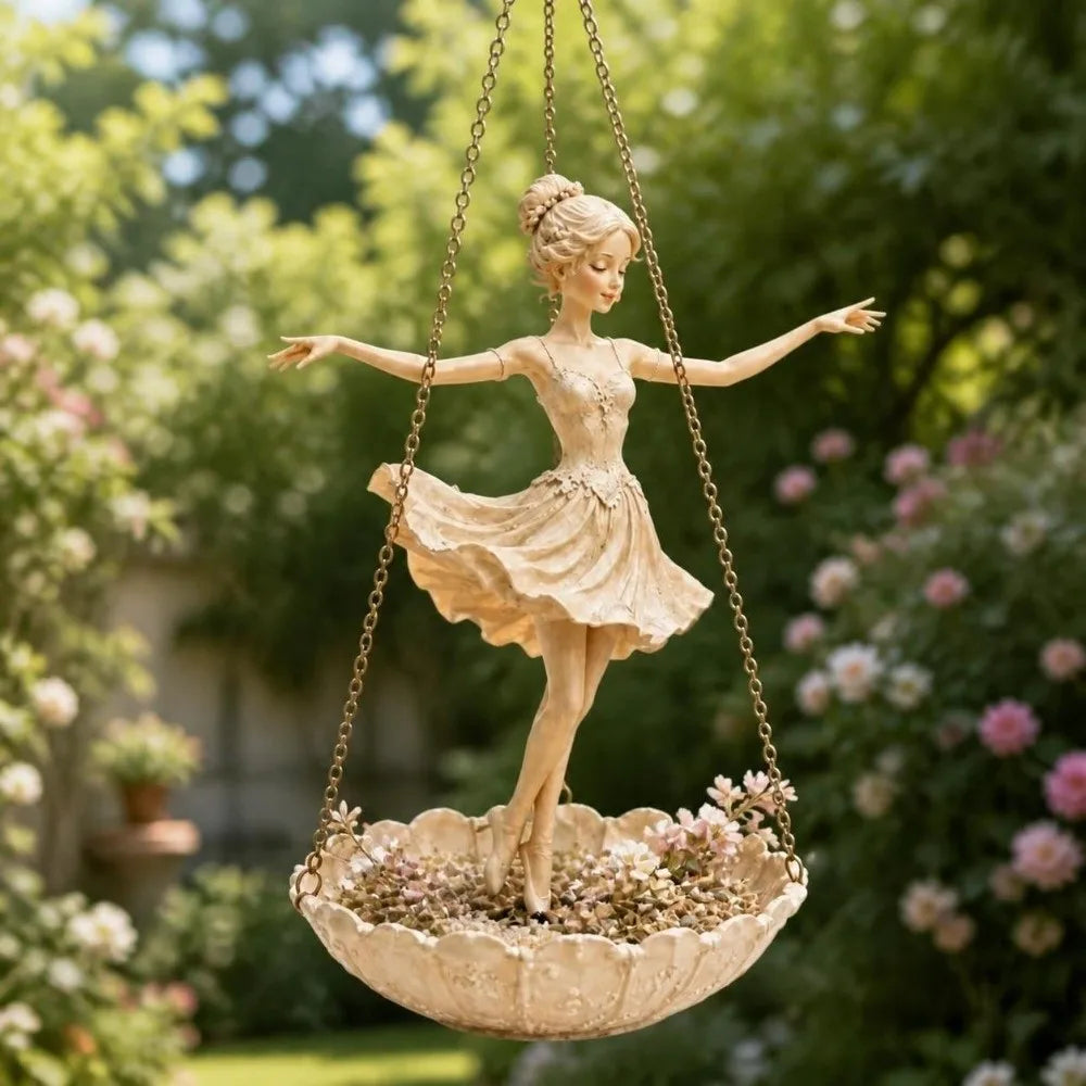 oiseau mangeoire suspendue danseuse classique bois sculpté main mur beige clair plante fleur vintageextérieur