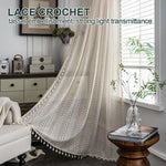 rideau boho chic crocheté motifs géométriques beige translucide pompons 150x100cm 150x160cm 150x200cm 150x240cm