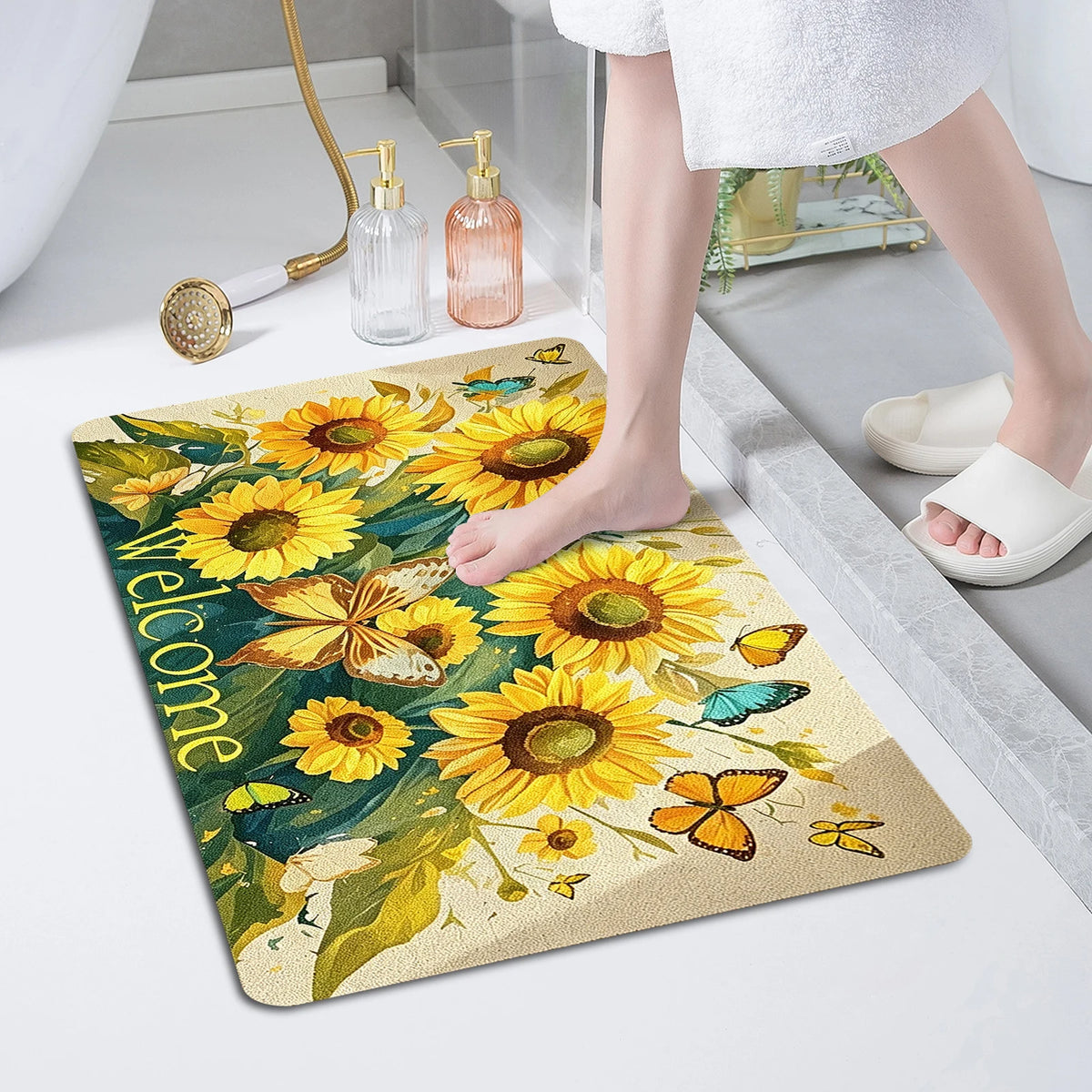 tapis d'entrée imprimé citron plante fleur papillon bienvenue antidérapant polyester caoutchouc maison décoratif naturel