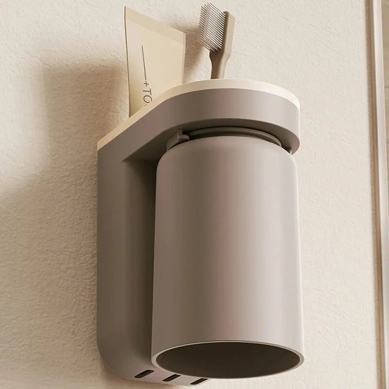organisateur mural moderne salle bain support brosse dents récipient cylindrique beige clair gris foncé