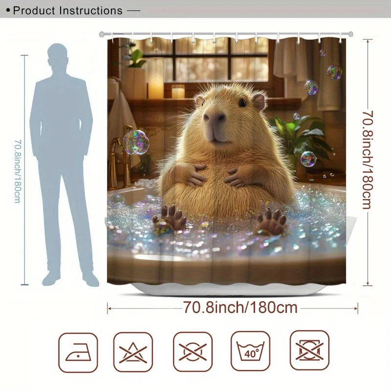 rideau douche polyester moderne capybara bulles marron clair beige blanc 70.8x180cm crochets