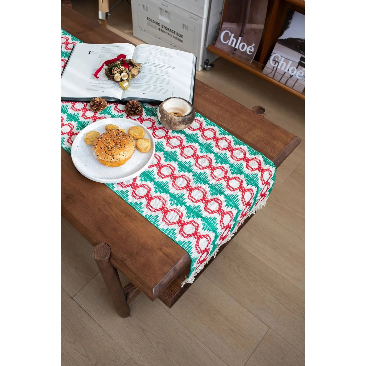 chemin table moderne motif géométrique vert rouge blanc polyester coton décoration table maison