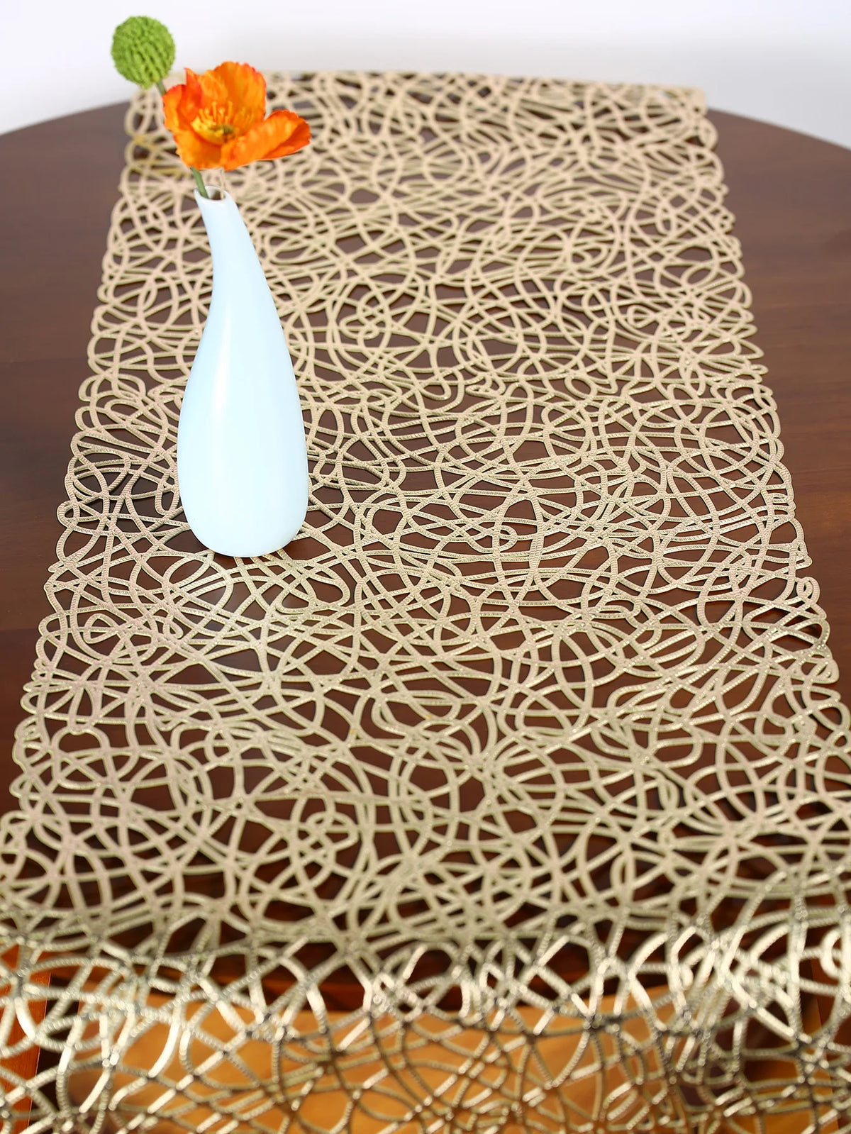 nappe decorative moderne or blanc argent motifs circulaires translucide mariage eventDecorationintérieur