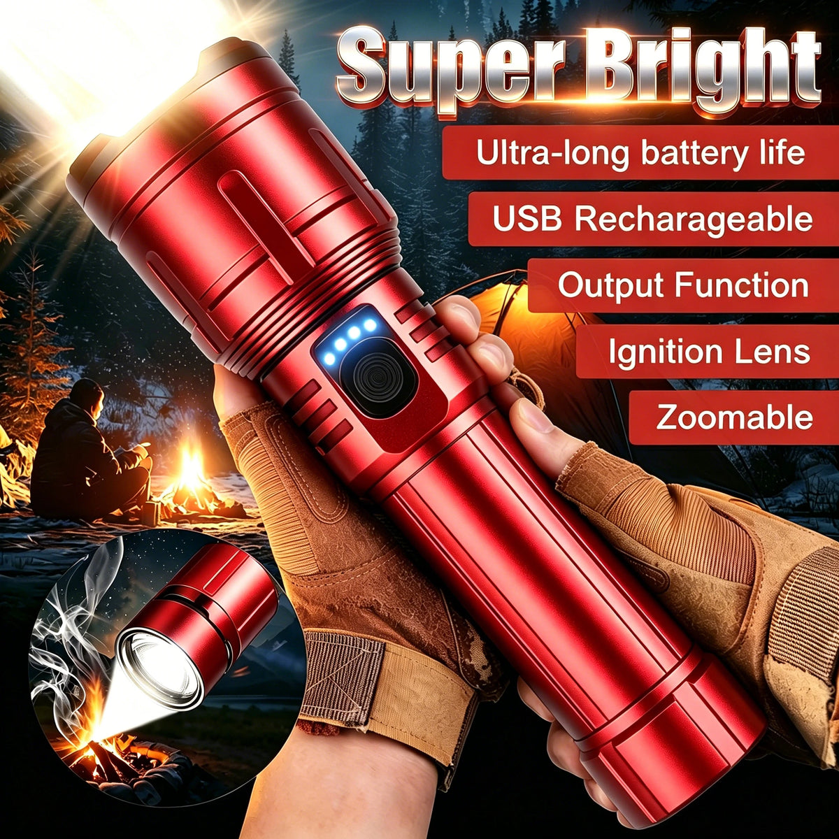 lampe torche rechargeable zoom modes indicateur charge sortie usb type étanche camping