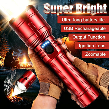 lampe torche rechargeable zoom modes indicateur charge sortie usb type étanche camping