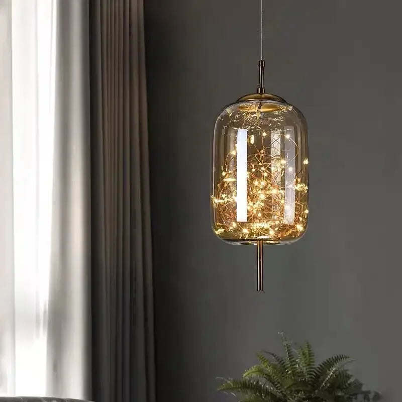 lampe suspendue moderne transparente dorée fil cuivre câble suspendu chambre salon étude chambre d'hôtel