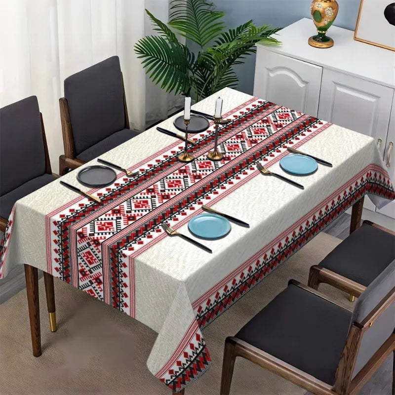 nappe table géométrique polyester blanc rouge noir traditionnelle classique ethnique