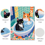 toile d'art illustration chats salle bain moderne bleu blanc motifs floraux