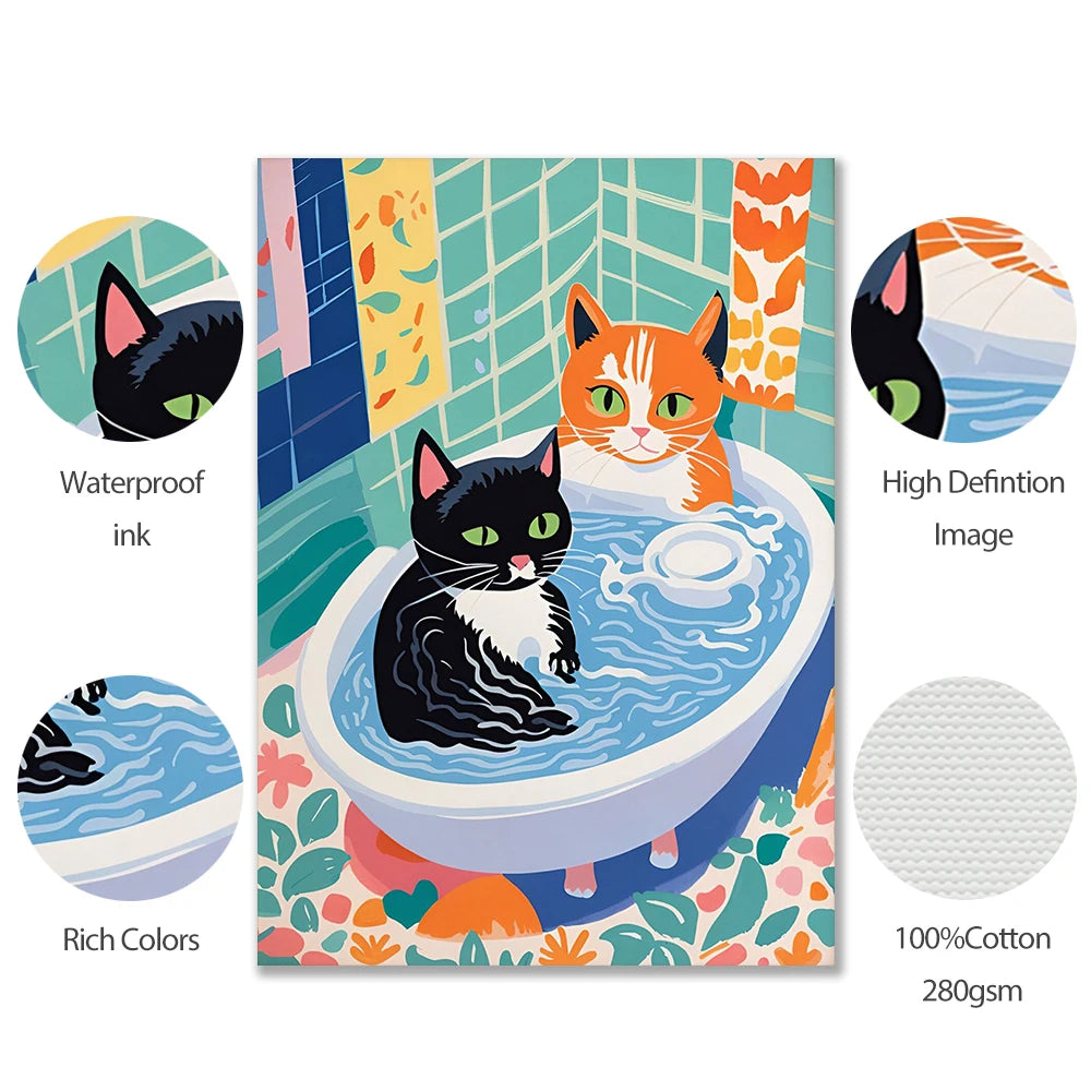 toile d'art illustration chats salle bain moderne bleu blanc motifs floraux
