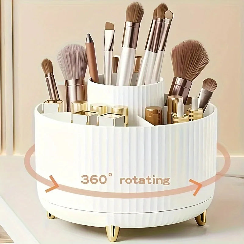 organisateur maquillage rotatif blanc rayures verticales moderne pieds dorés compartiments pinceaux crayons lèvres soins