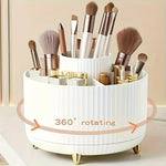 organisateur maquillage rotatif blanc rayures verticales moderne pieds dorés compartiments pinceaux crayons lèvres soins
