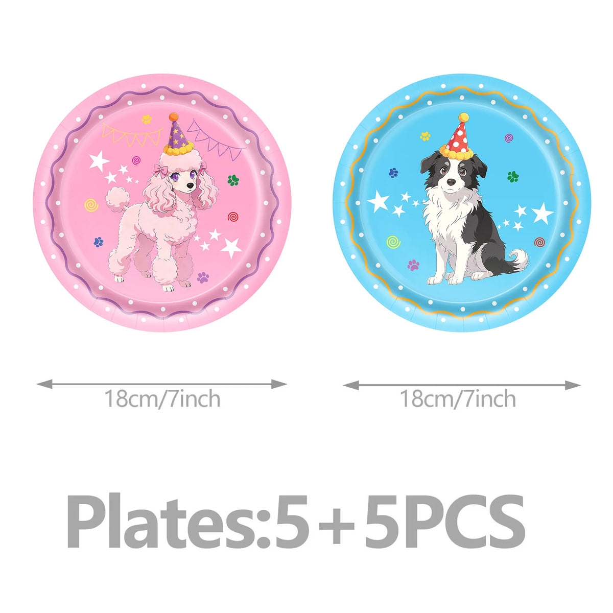 assiettes papier motif chiens fete anniversaire couleurs rose bleu vert orange serviettes