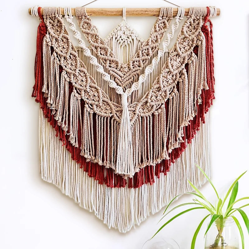 tapisserie macramé bohème coton beige crocheté franges bois décoration murale