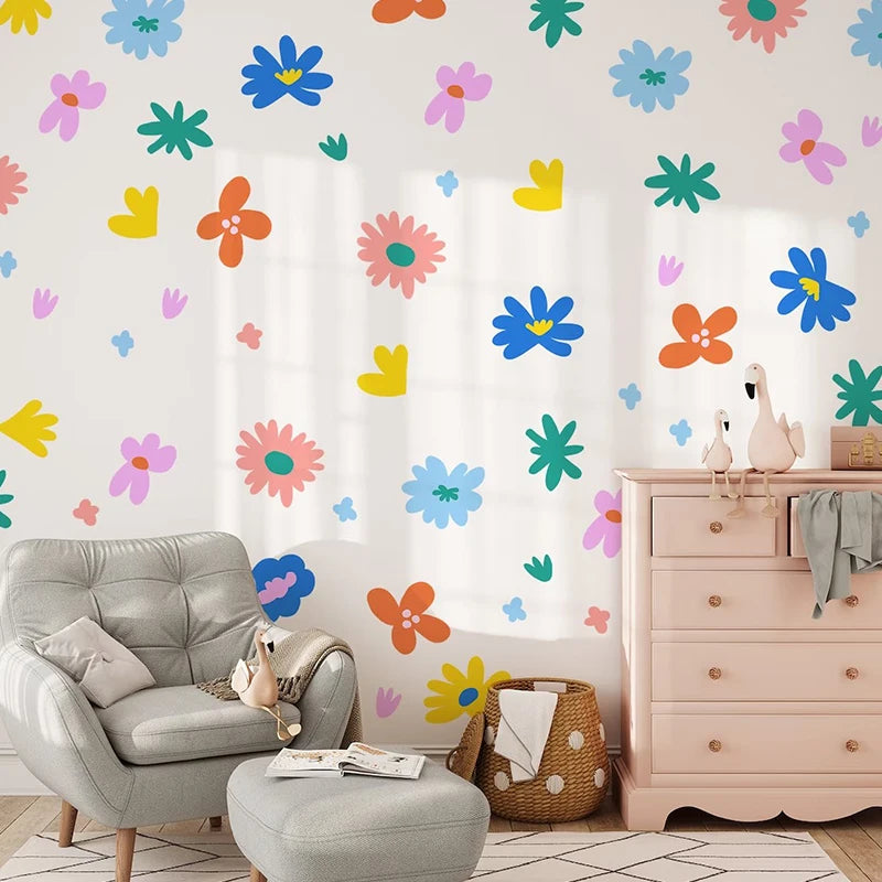 sticker mural géométrique fleurs simple moderne enfants bleu vert orange rose jaune gris blanc