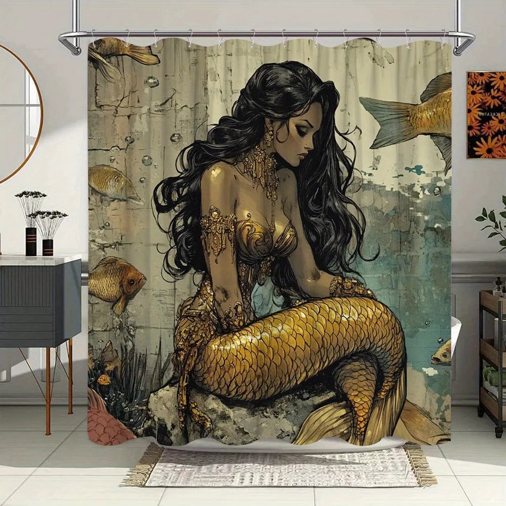 rideau douche sirène illustration poissons dorés art nouveau polyester opaque moderne