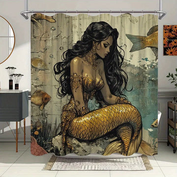 rideau douche sirène illustration poissons dorés art nouveau polyester opaque moderne