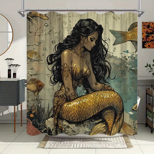 rideau douche sirène illustration poissons dorés art nouveau polyester opaque moderne
