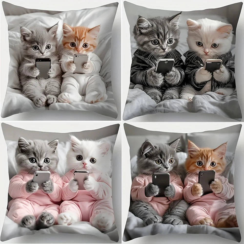 taies d'oreiller imprimées polyester chatons mignons coussins décoratifs zippés maison 45x45cm 50x50cm chambre lit