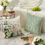 housse coussin carré motif floral vert clair beige rustique polyester lavable glissière invisible 45cm