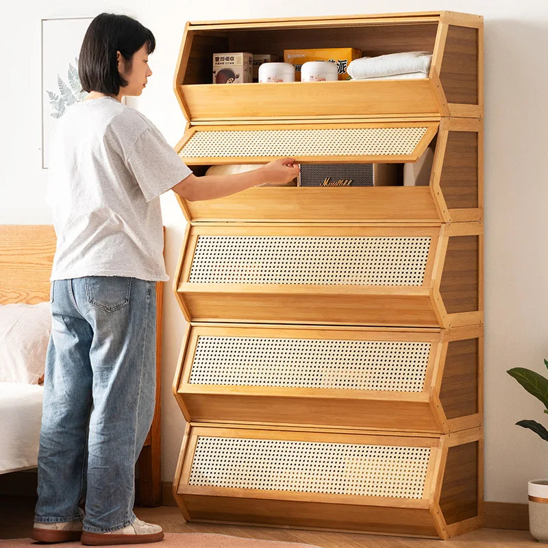 meuble rangement bois clair moderne minimaliste compartments opaques élégant storage efficace durable matériaux qualité
