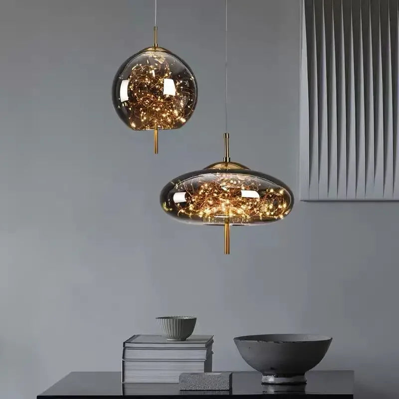 lampe suspendue moderne transparente dorée fil cuivre câble suspendu chambre salon étude chambre d'hôtel