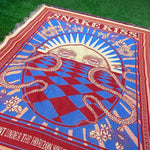 couverture jacquard brodée motif géométrique serpent vintage bleu rouge beige opacité