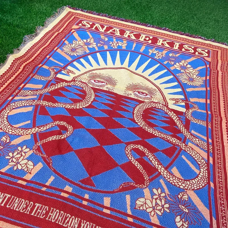 couverture jacquard brodée motif géométrique serpent vintage bleu rouge beige opacité