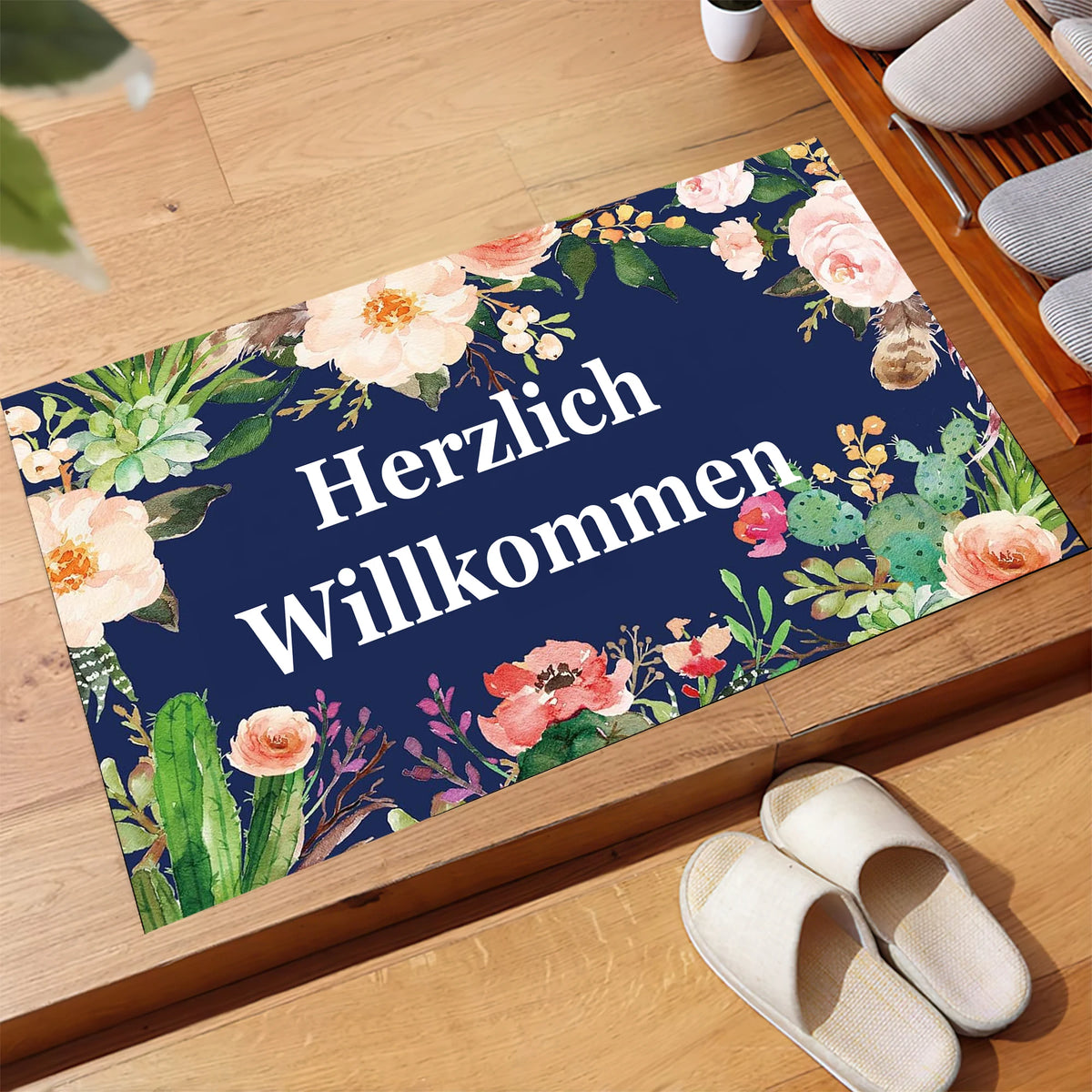 tapis bienvenue fleurs cactus vert bleu marine moderne antidérapant extérieur intérieur porche