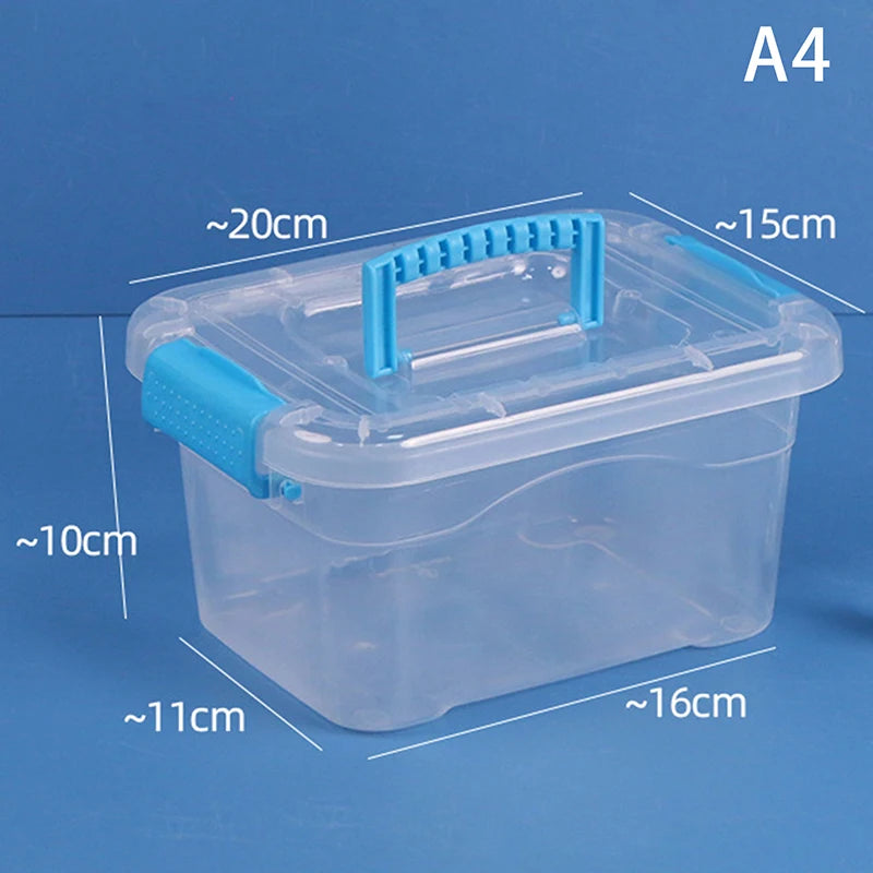 boîtes rangement transparentes bleues roses violettes poignées détachables moderne pratique enfants fournitures scolaires