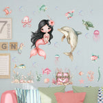 stickers muraux sirène dauphin poissons bulles coraux cartoon marine enfants chambre décoration mur