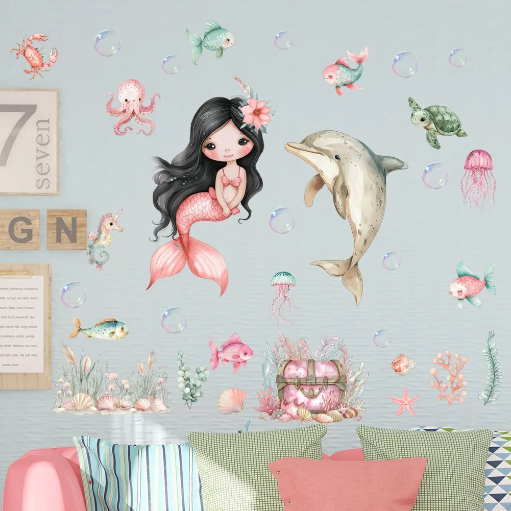 stickers muraux sirène dauphin poissons bulles coraux cartoon marine enfants chambre décoration mur