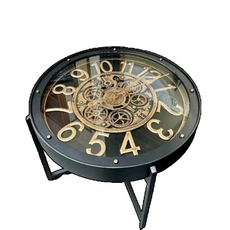 table basse industrielle métal verre transparent ornements horlogers vintage ronde