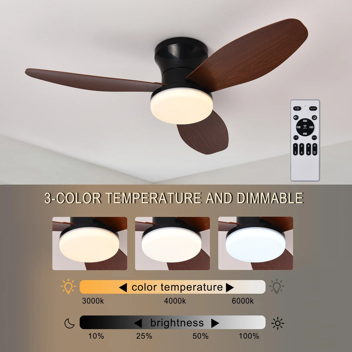 ventilateur led lumière télécommande noir blanc bois moderne traditionnel assemblage