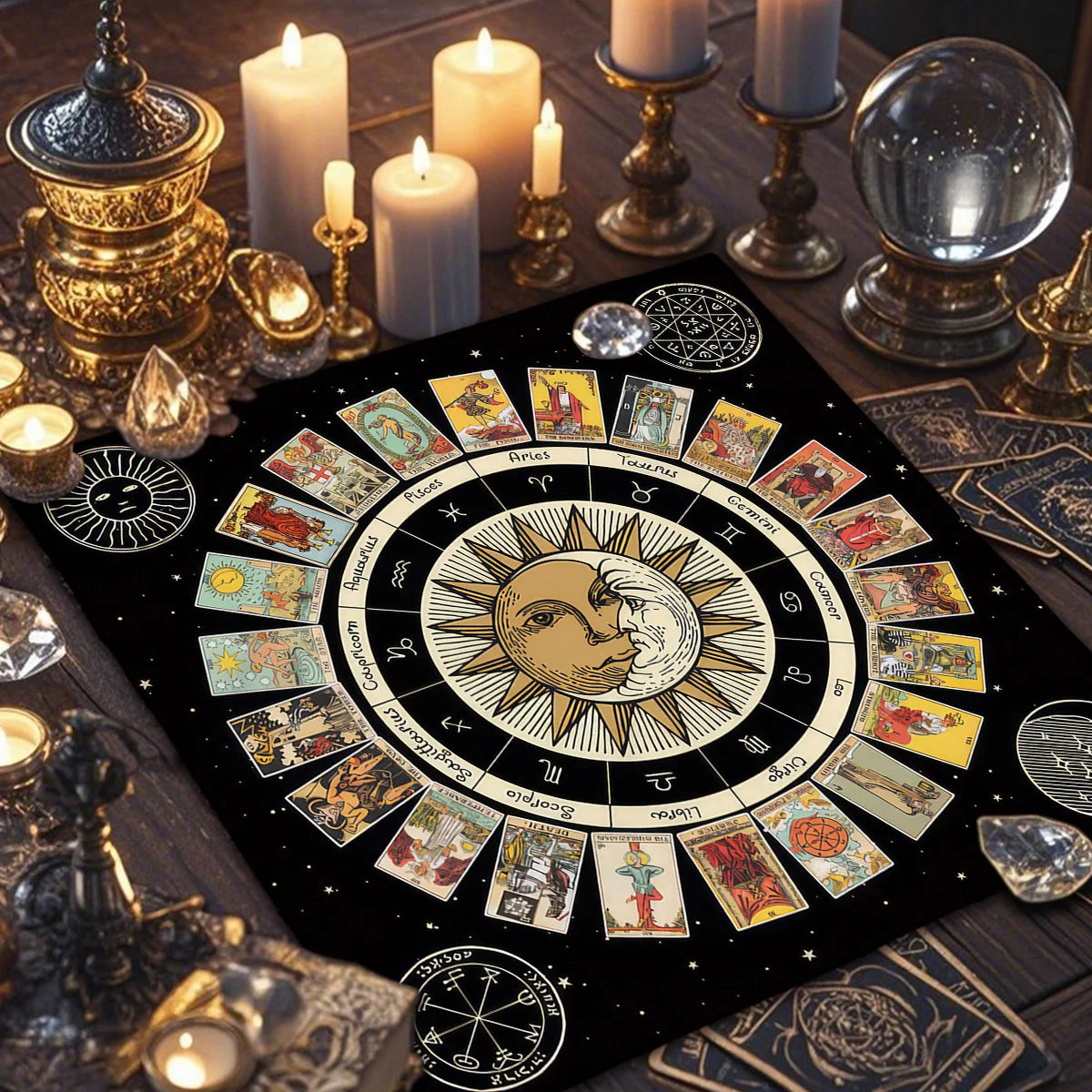 tableau astrologique zodiacal tarot solaire lunaire mystique noir doré bleumarine symbols religieux holidays