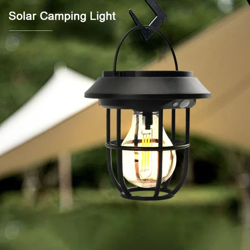 lampe camping solaire détecteur mouvement noir cage métallique vintage led autonomie extérieure