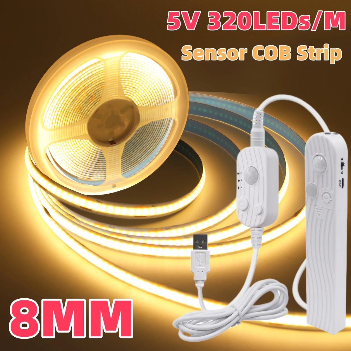 Détail du ruban LED COB flexible avec boîte à piles et capteur PIR