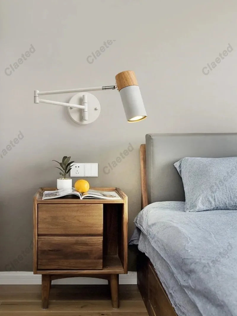 lampe murale articulée moderne noir blanc bois naturel minimaliste aluminium fer
