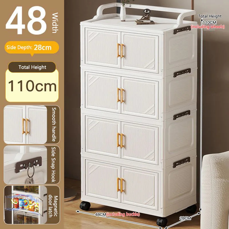 meuble rangement pliable blanc roulettes portes poignées dorées vêtements