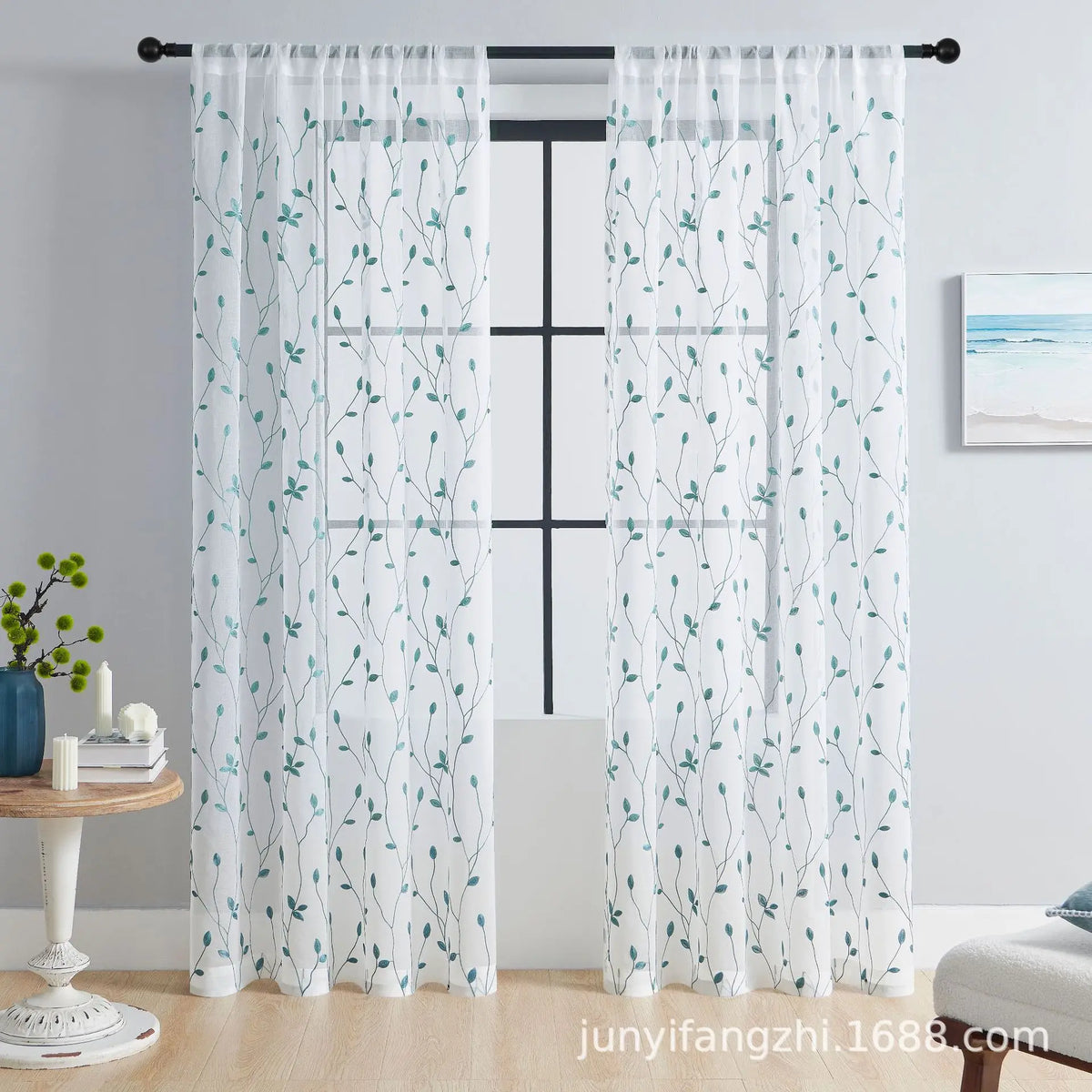 rideau transparent brodé feuilles protection uv polyester moderne blanc noir jaune vert turquoise floral