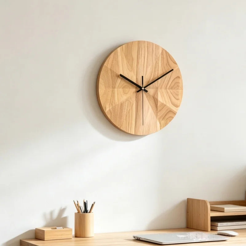 horloge murale bois naturel motif géométrique moderne aiguille quartz circulaire salon décoration unique opacité