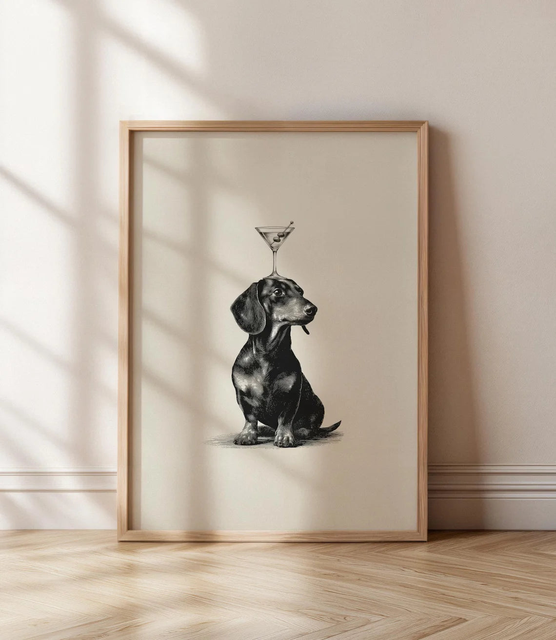 affiche encadrée bois chien assis verre martini dessin noir blanc beige décoration murale salon