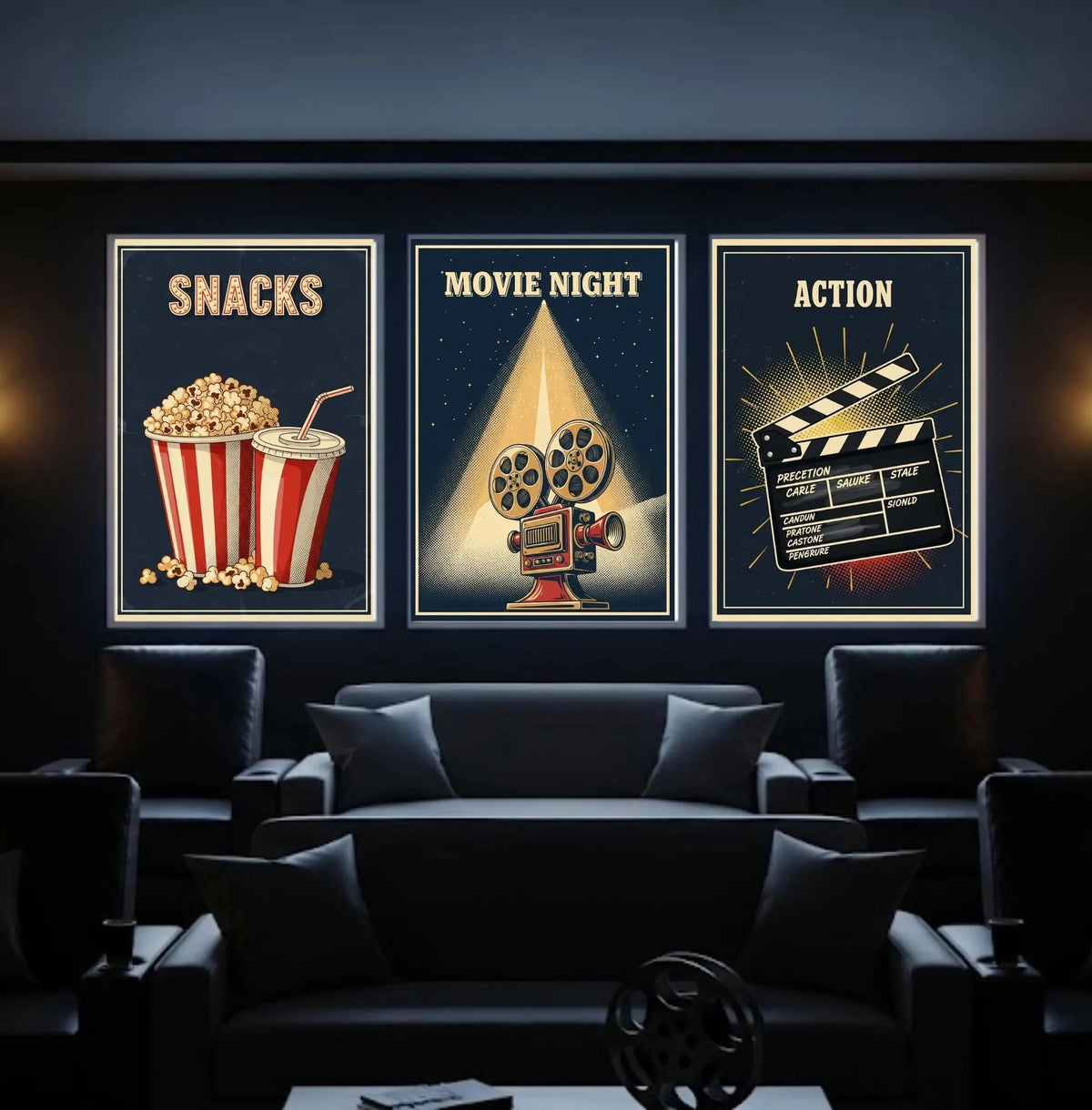 affiches murales vintage cinéma illustrations textes bleu nuit blanc rouge beige noir decoration maison