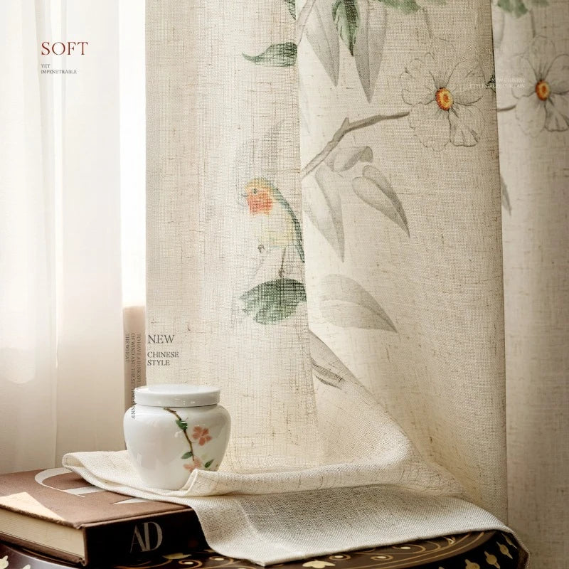 rideau fleur feuilles oiseaux beige translucide chinois moderne fenêtre française