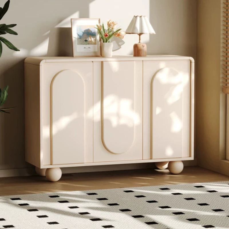 meuble rangement moderne bois motifs géométriques beige clair pieds ronds