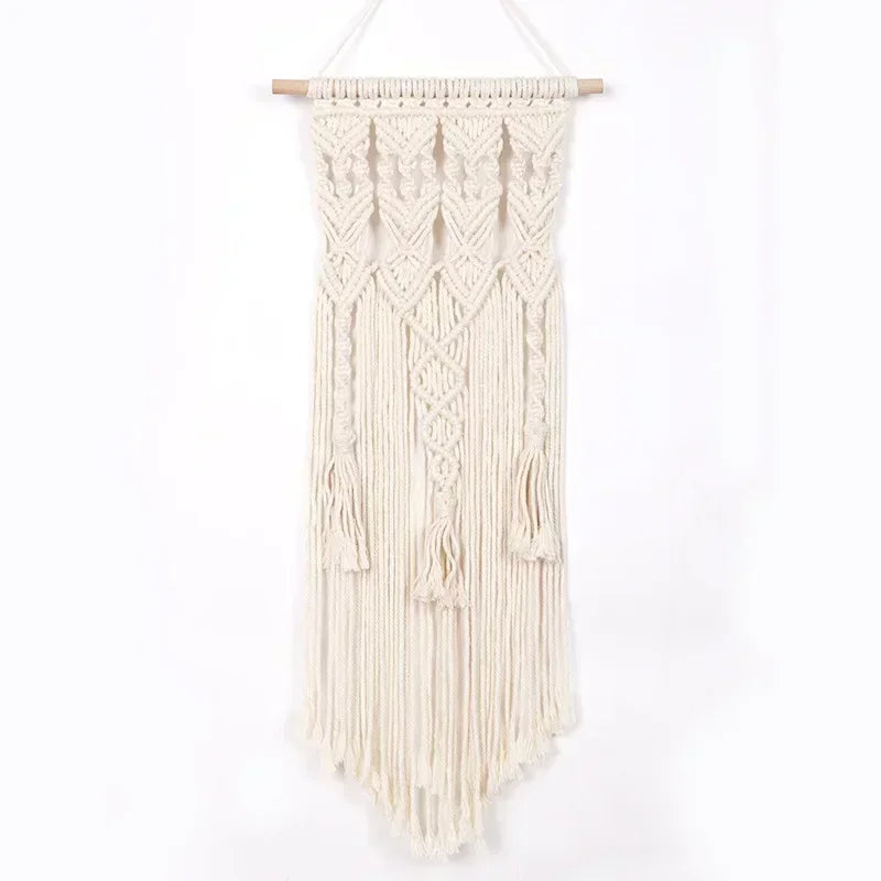tapisserie macramé boho chic beige motifs géométriques franges moderne suspension maison