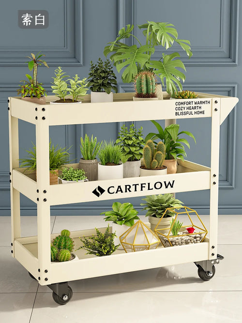 chariot roulettes minimaliste moderne couleur beige vert rangement plantes livres deco industrielle multifonctionnelle